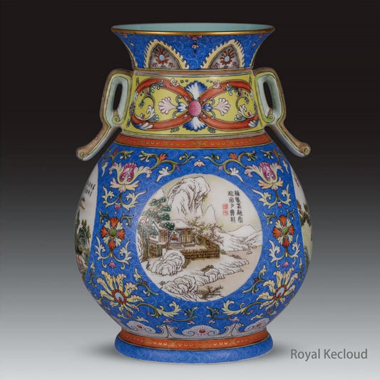 Chinese Ancient Royal Qing Dynasty Blue-ground Enamel Two-handled 'Figural' Vase by imperial kiln Jingdezhen