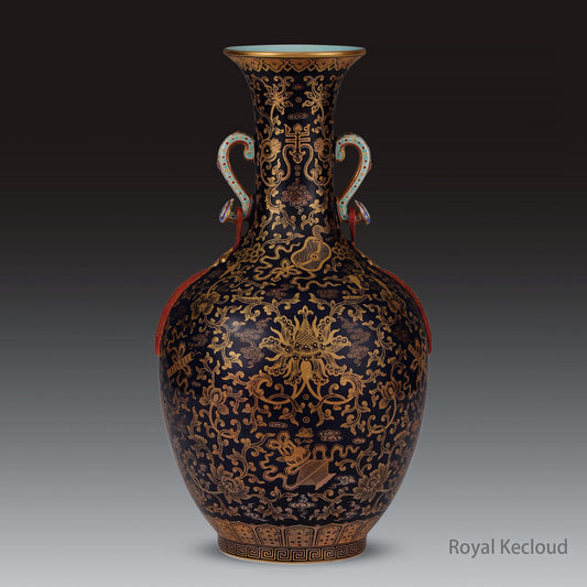 A Blue Glazed Gold Gilted Double-Ear Vase with Golden Blessings And Longevity Patterns