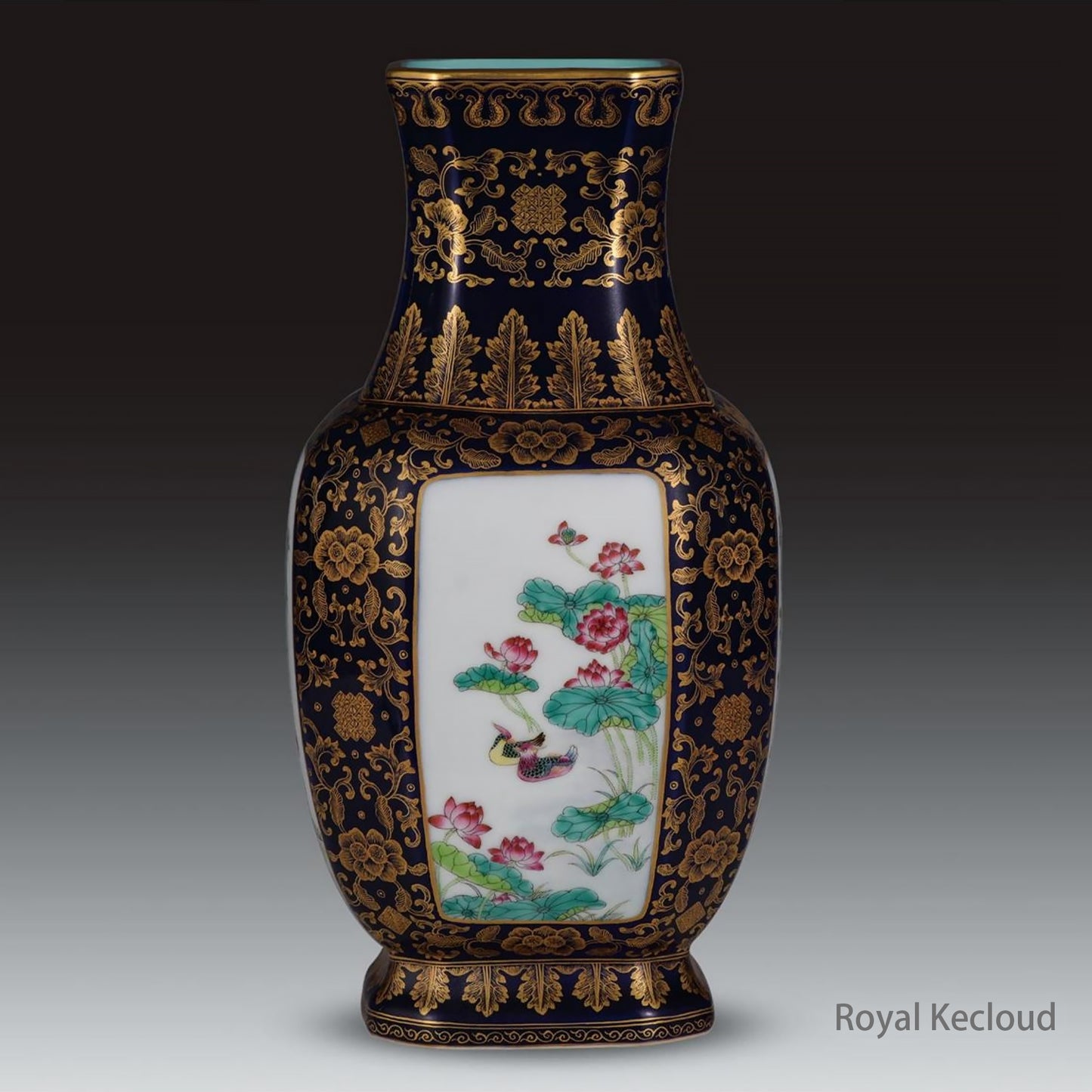 A Blue Glazed Gold Gilted Square Vase with Famille Rose Landscape Panel