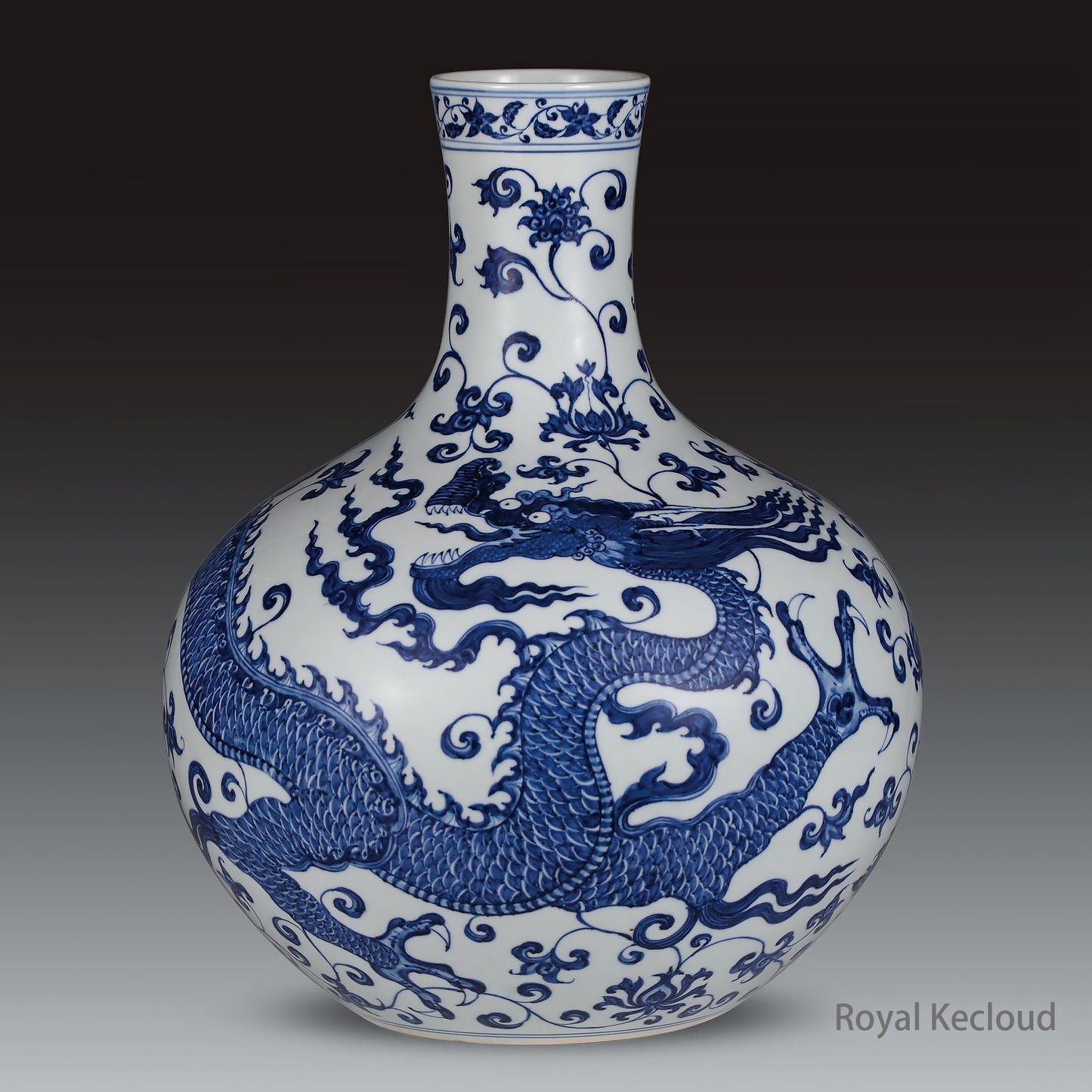 A Blue and White Globular Vase with Decoration of Dragon among Lotus Blossoms