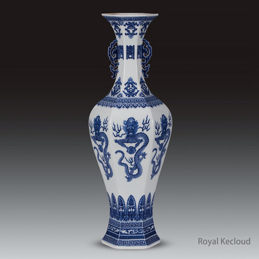 Chinese Ancient Royal Qing Dynasty Blue and White Hexagonal 'Dragon' Vase, Zun