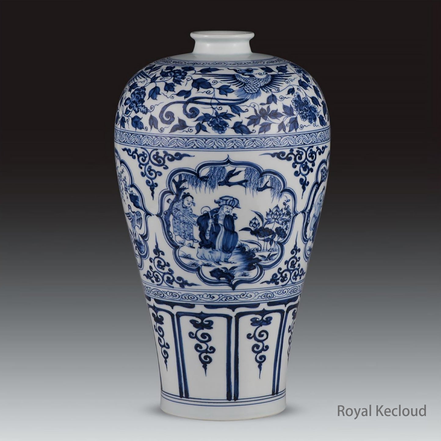 Chinese Ancient Royal Yuan Blue and White Vase with Scenes of the Four Favorites, Meiping