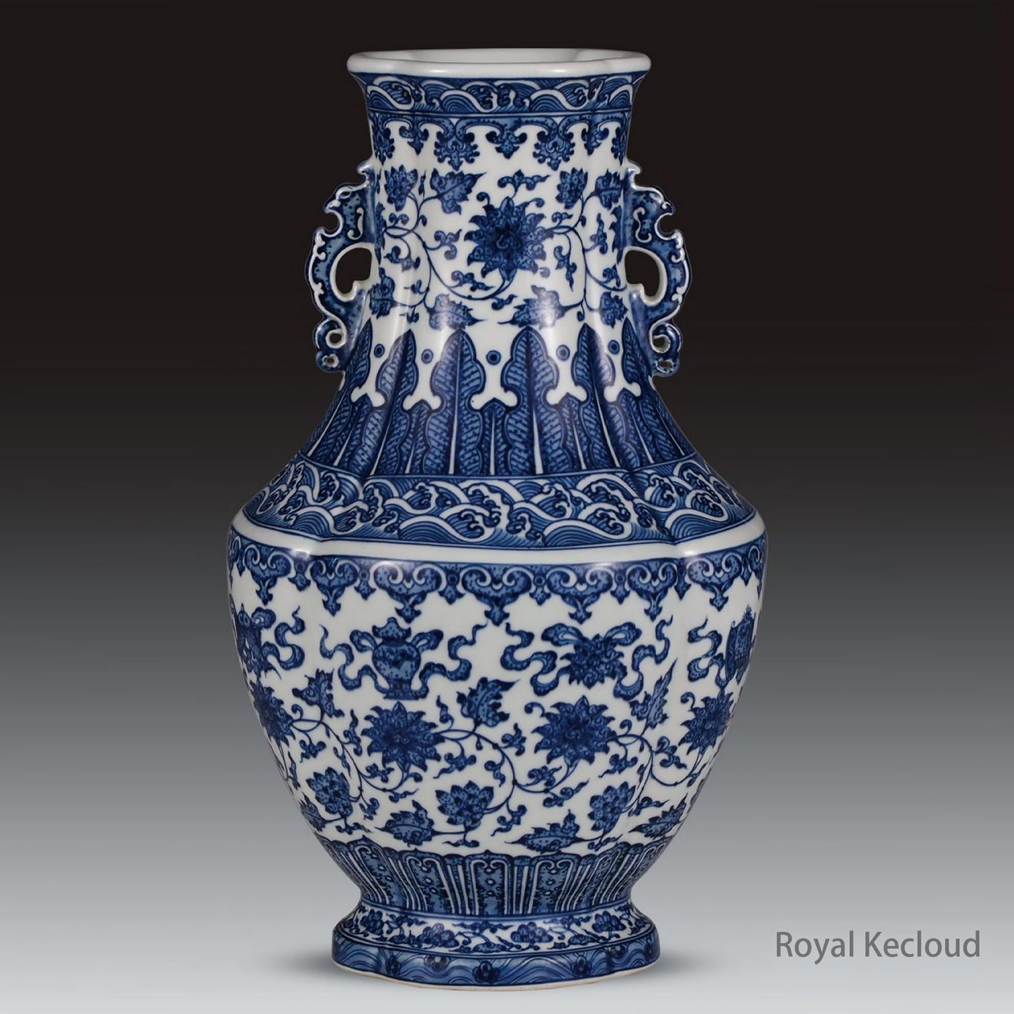 Chinese Ancient Royal Qing Dynasty Blue and White ‘Bajixiang’ Handled Vase. Emperor Ceramic Antique.