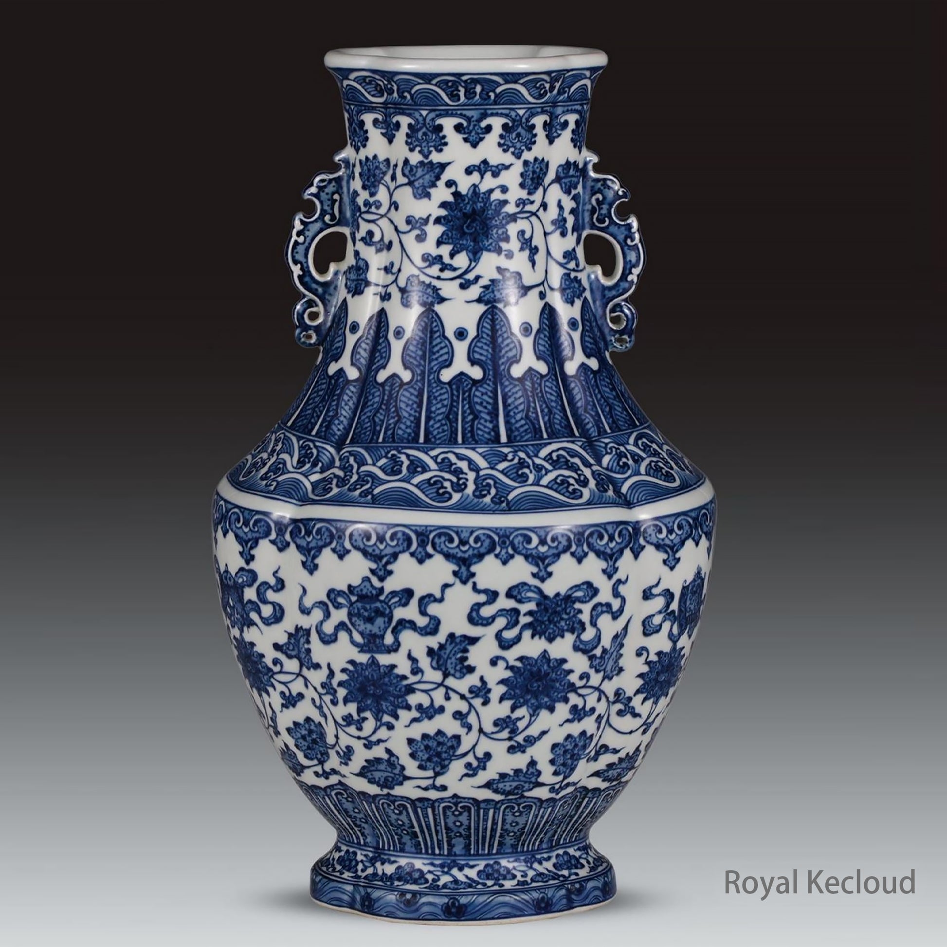 Chinese Ancient Royal Qing Dynasty Blue and White ‘Bajixiang’ Handled Vase. Emperor Ceramic Antique.