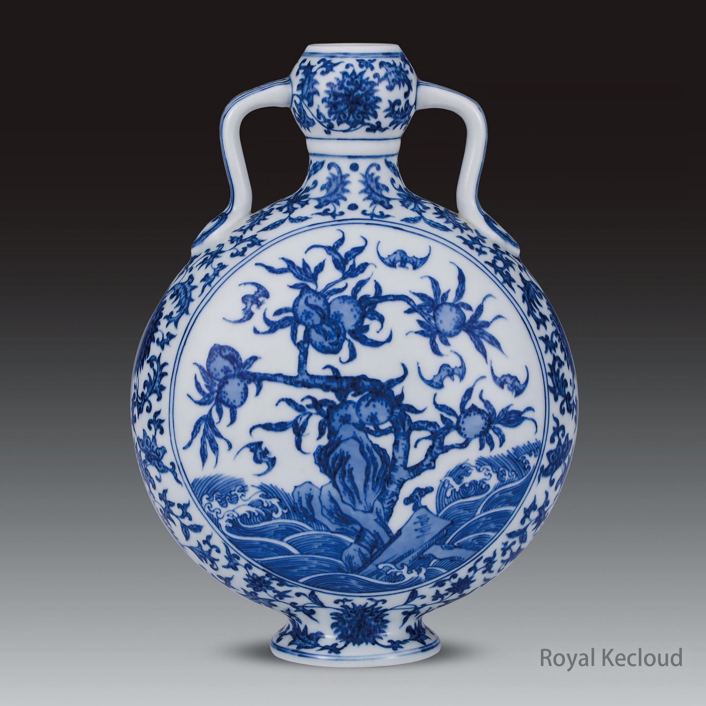 Chinese Ancient Royal Qing Dynasty Blue and White 'Bats and Peach' Double-gourd Moonflask