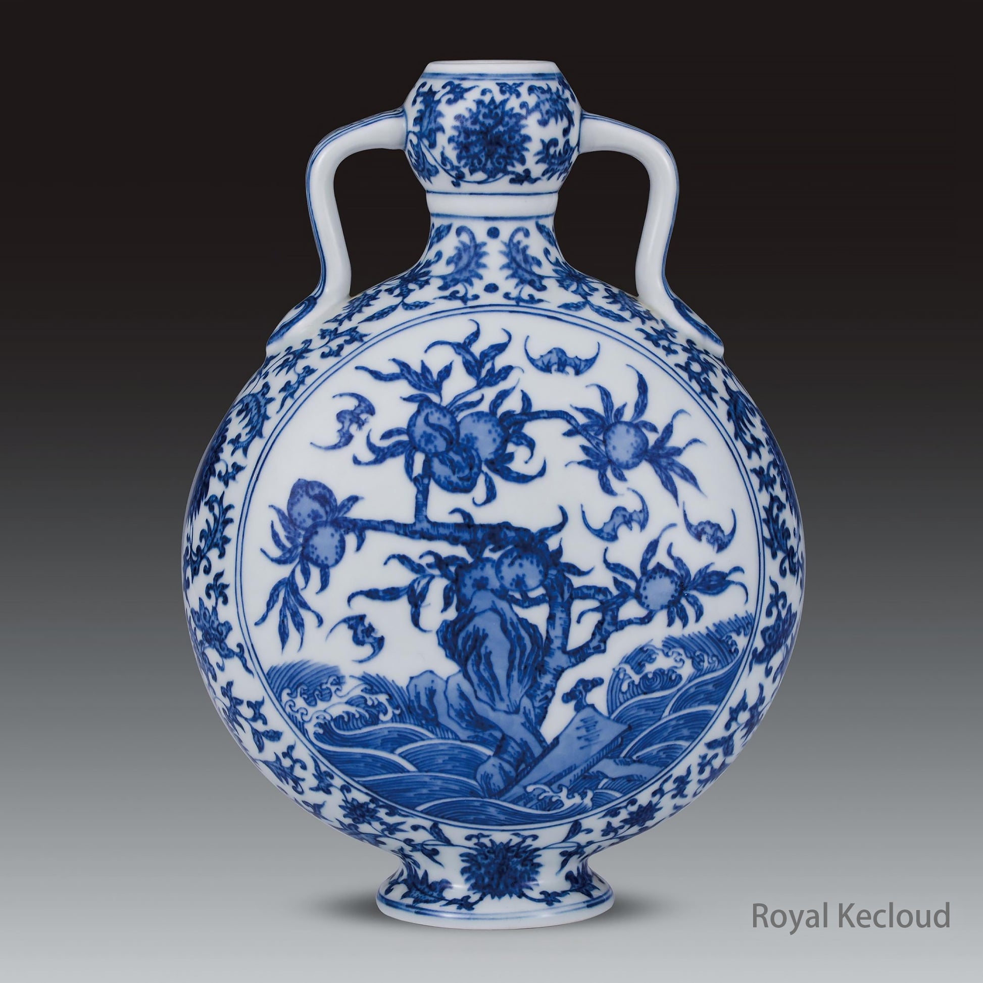 Chinese Ancient Royal Qing Dynasty Blue and White 'Bats and Peach' Double-gourd Moonflask