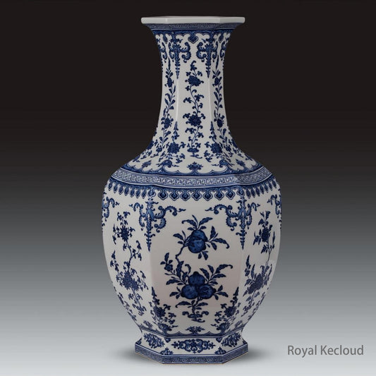 A Chinese Qing Qianlong Blue and White 'Sanduo' Hexagonal Vase