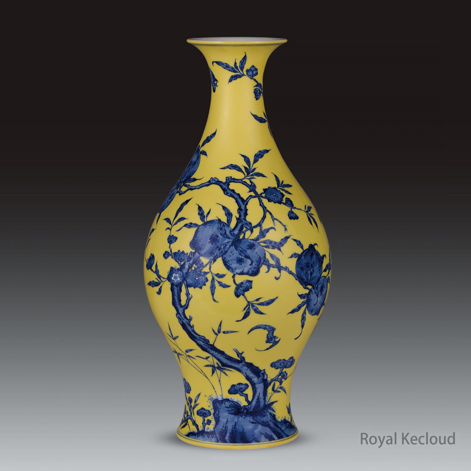 Chinese Ancient Royal Qing Dynasty Yellow-Ground Blue and White Porcelain Fortune Vase with Peach and Bats