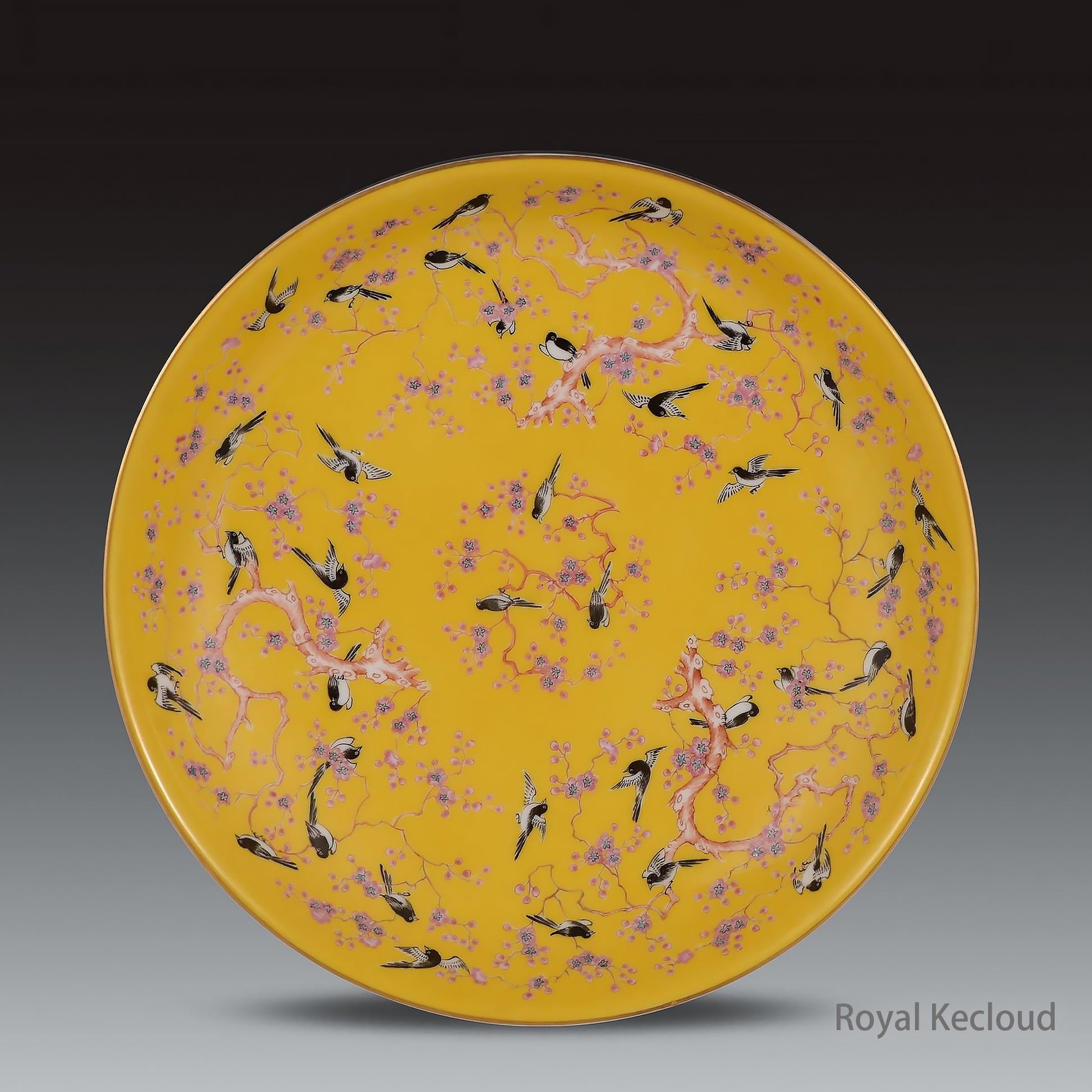 A Chinese Yellow-ground Famille-rose 'Magpie' Dish