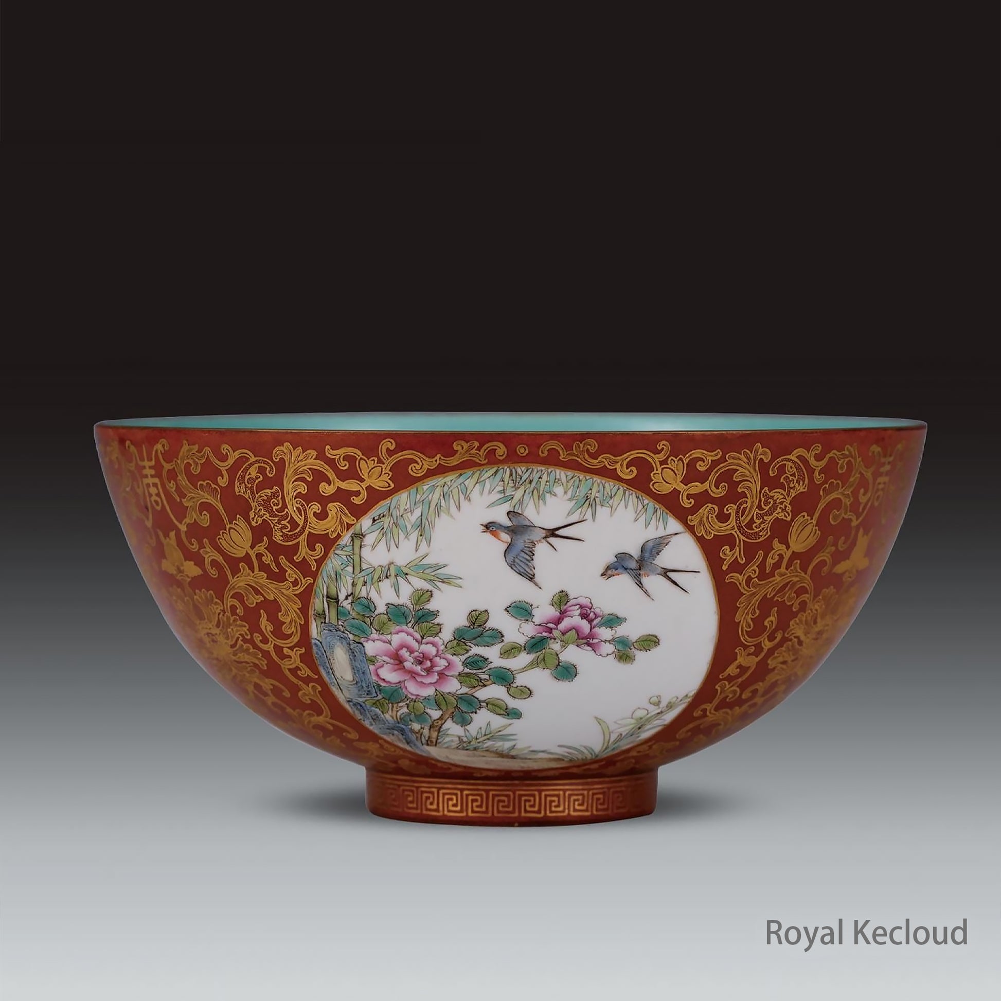Chinese Ancient Royal Qing Dynasty Coral-ground Gilt-decorated 'Birds and Flowers' Bowl. Emperor Ceramic Antique..