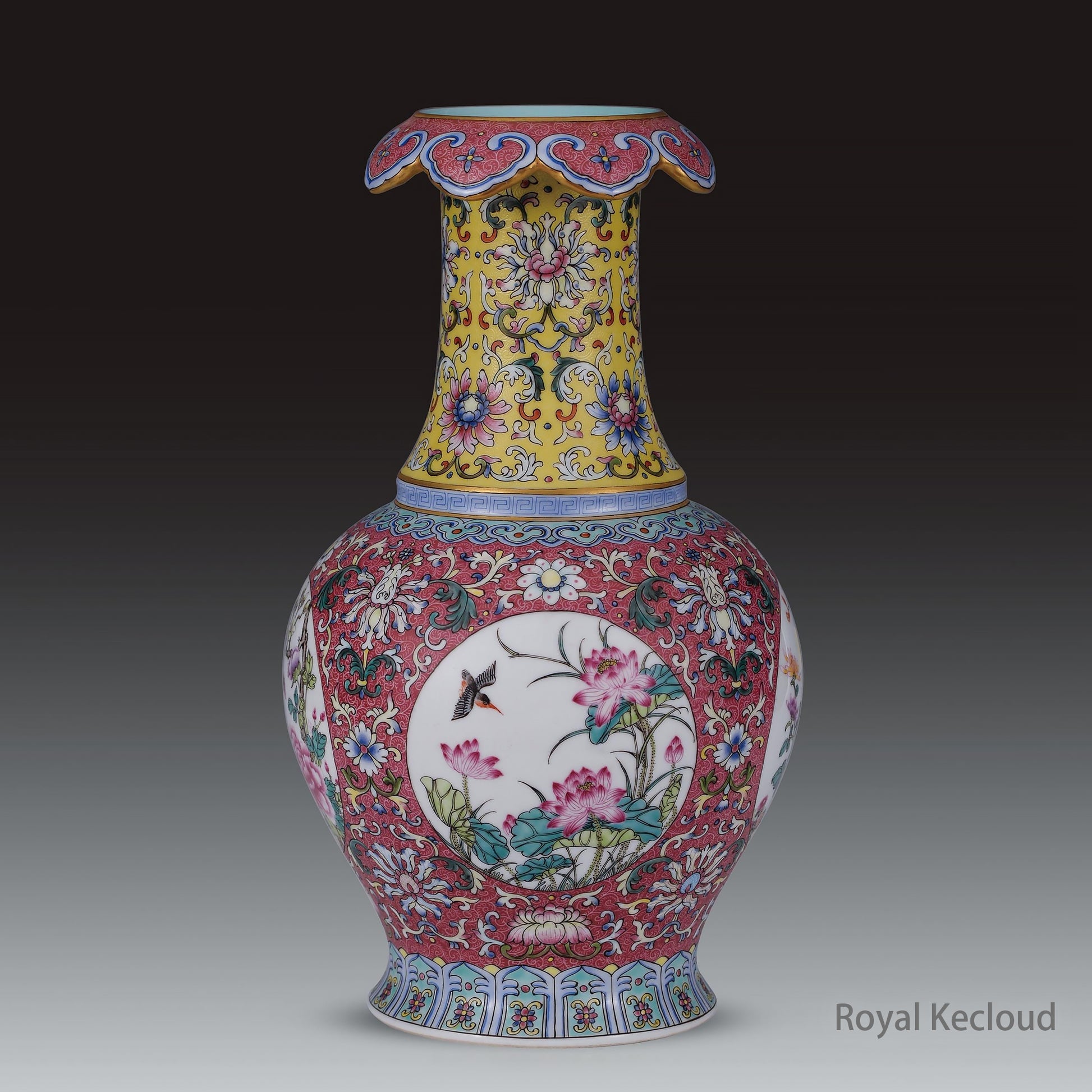 A Famille Rose-Decorated Ruby-Ground ‘Floral and Bird' Porcelain Vase