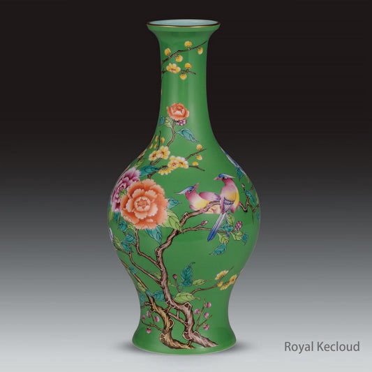 A Famille Rose Green-ground 'Bird and Flower' Baluster Vase