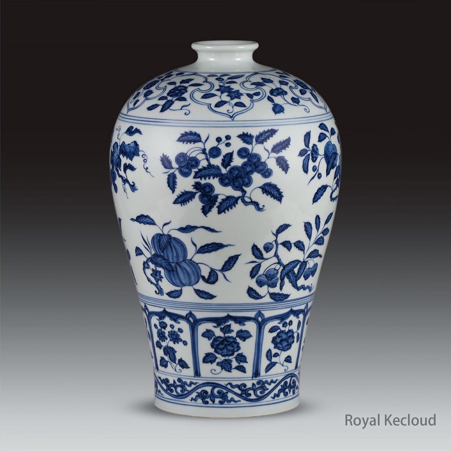 Chinese Ancient Royal Qing Dynasty Ming-style Blue and White 'Fruits’ Vase, Meiping