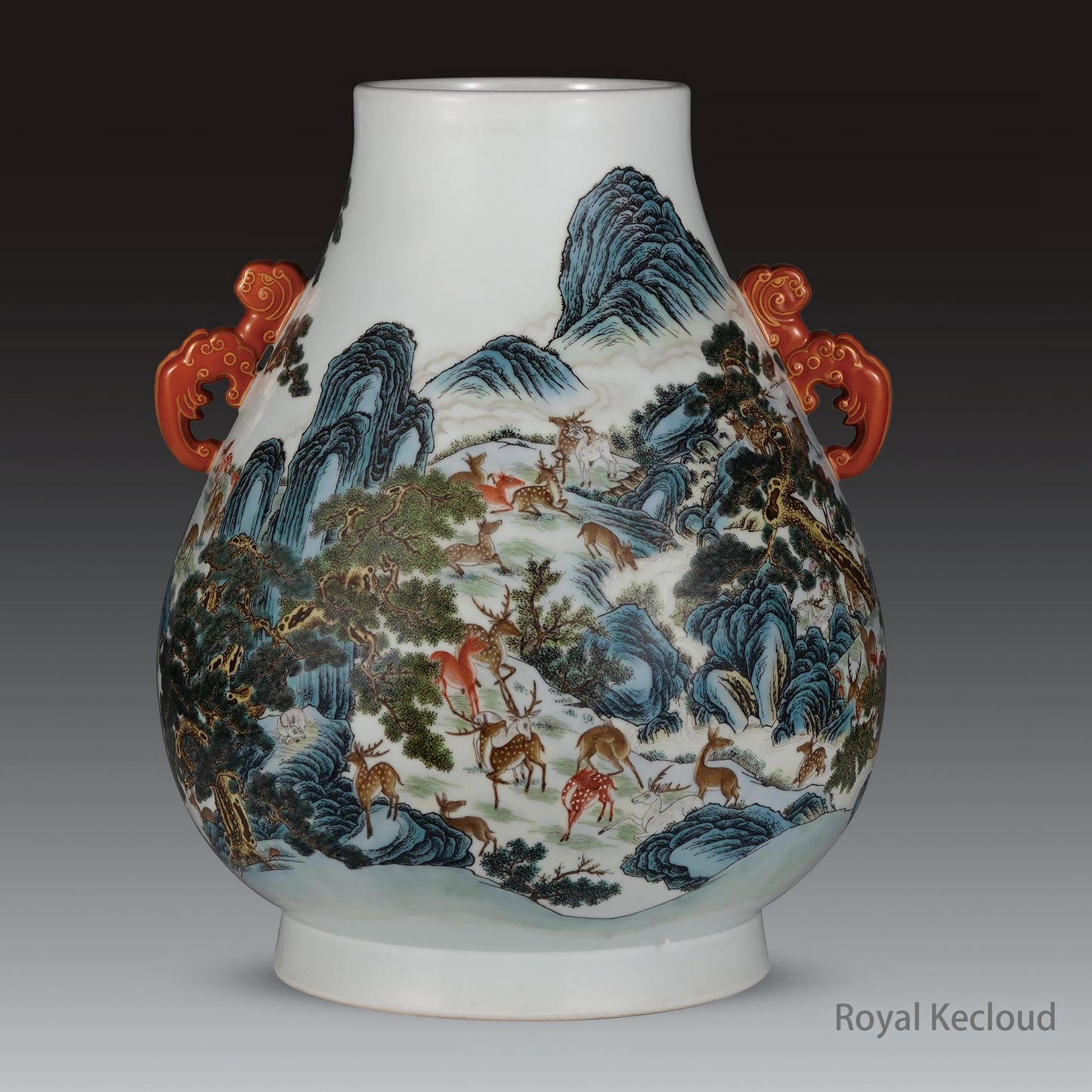 A Fine Famille Rose 'Hundred Deer' Porcelain Vase, Hu