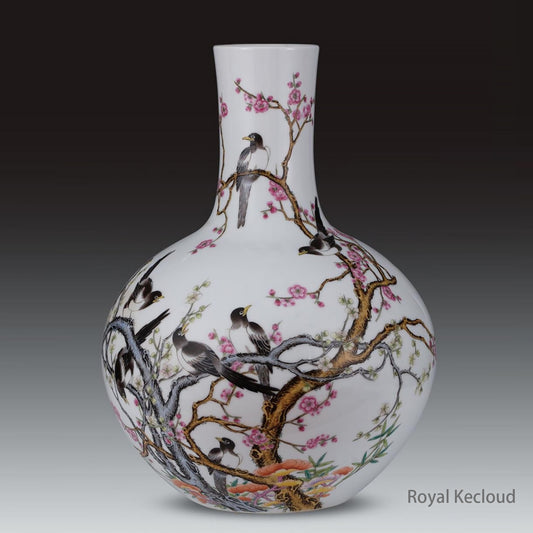 A Fine Famille Rose 'Prunus and Magpie' Porcelain Vase, TianQiuPing