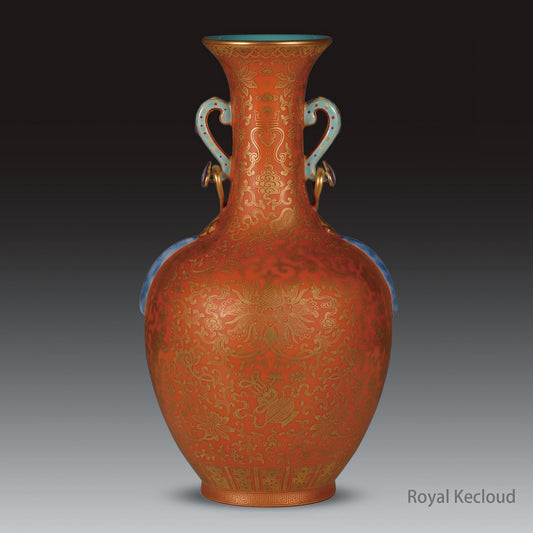 A Gilt-decorated Coral-red 'Bajixiang' Ruyi Baluster Vase with Two Ears