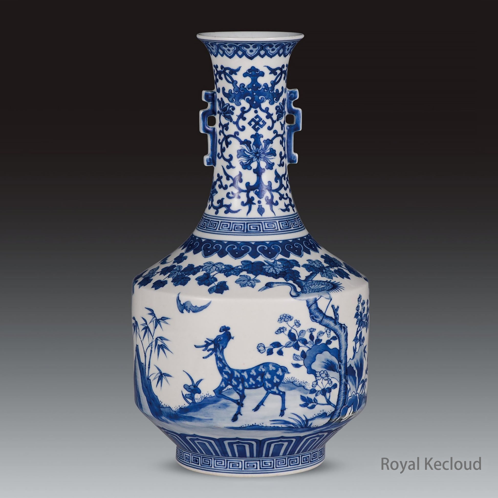 Chinese Ancient Royal Qing Dynasty Blue and White 'Deer and Crane' Vase
