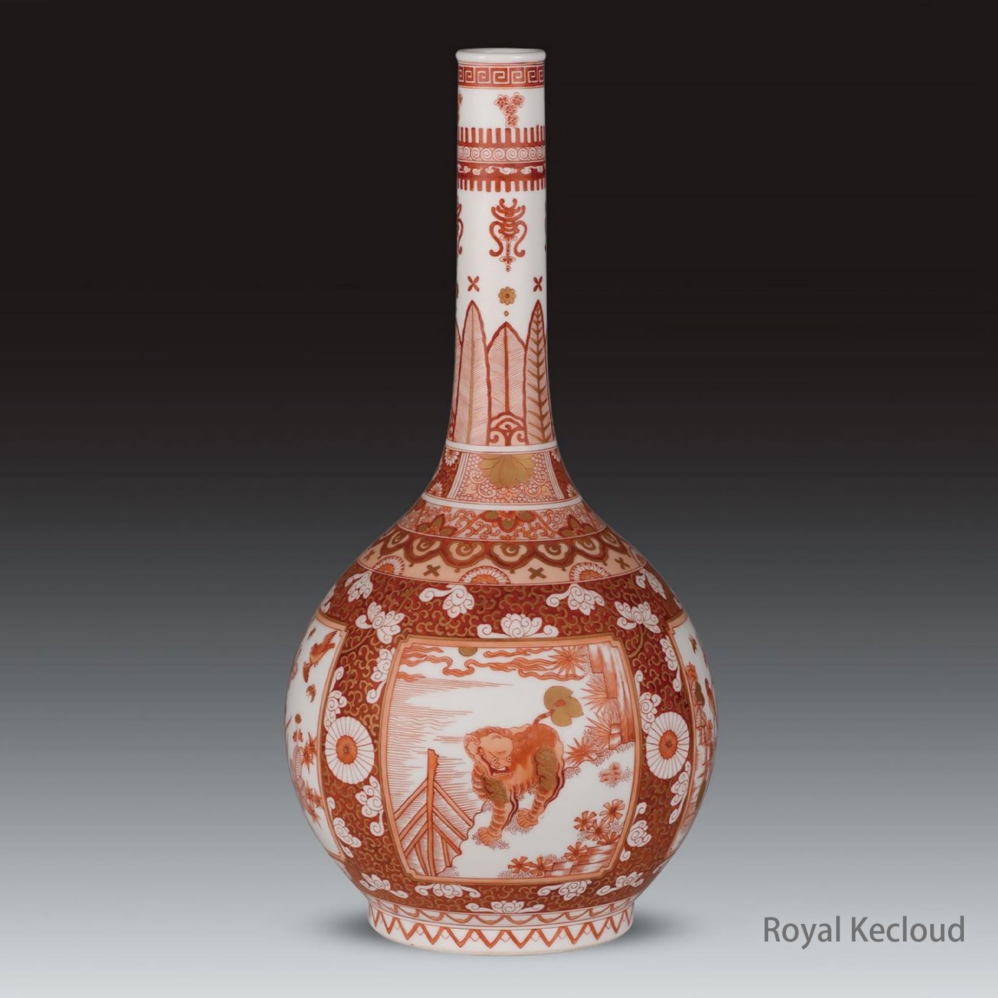 A Rare Qing Kangxi 'Birds and Flowers' in Alum Red Long Necked Vase