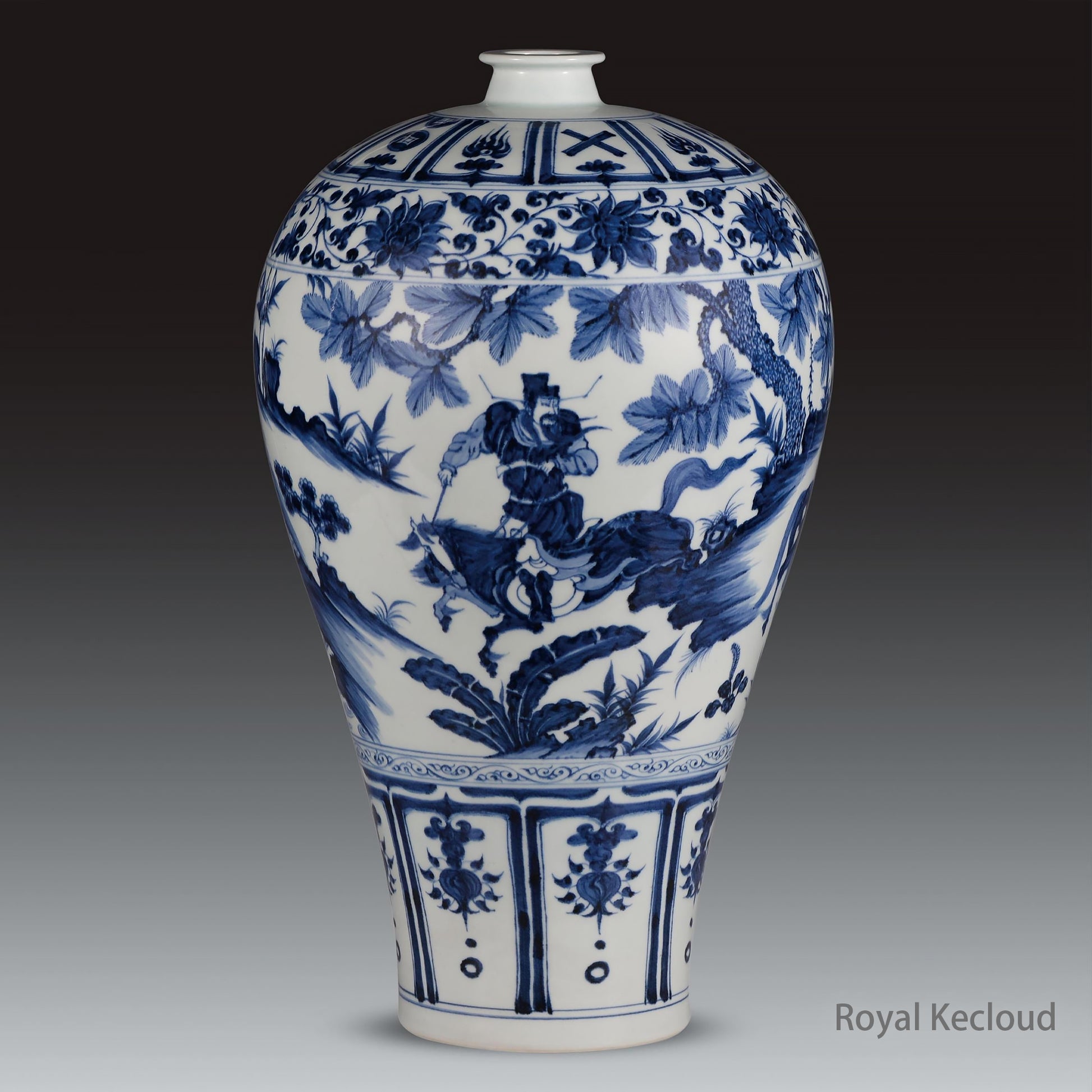 A Rare Yuan Blue and White Prunus Vase, 'Xiao He Yue Chasing Han Xin', Yuan Dynasty