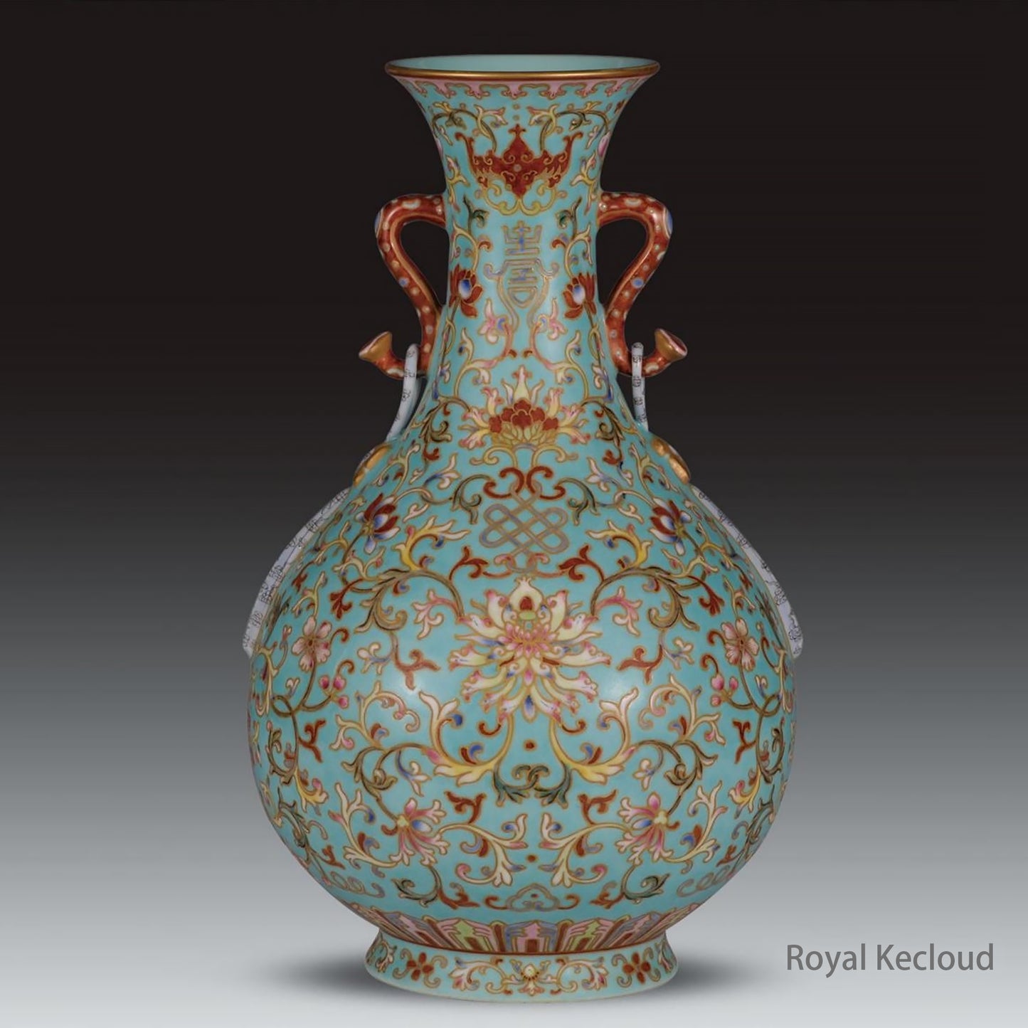 A Turquoise Ground Famille Rose Bajixiang Flower Pear-Shaped Bottle Vase