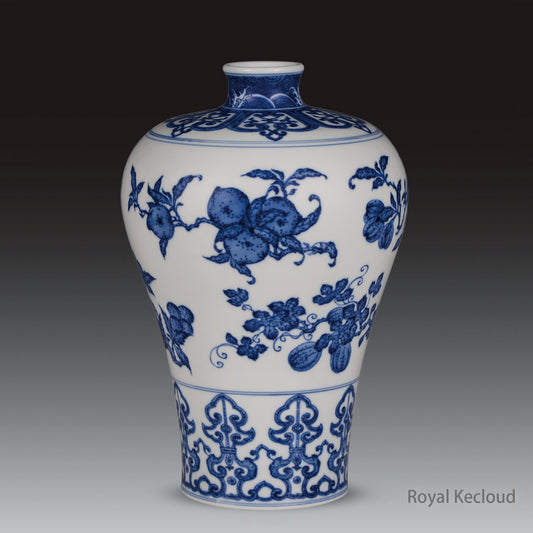 Chinese Qing Dynasty Ming-style Blue and White 'Fruits’ Vase, Meiping