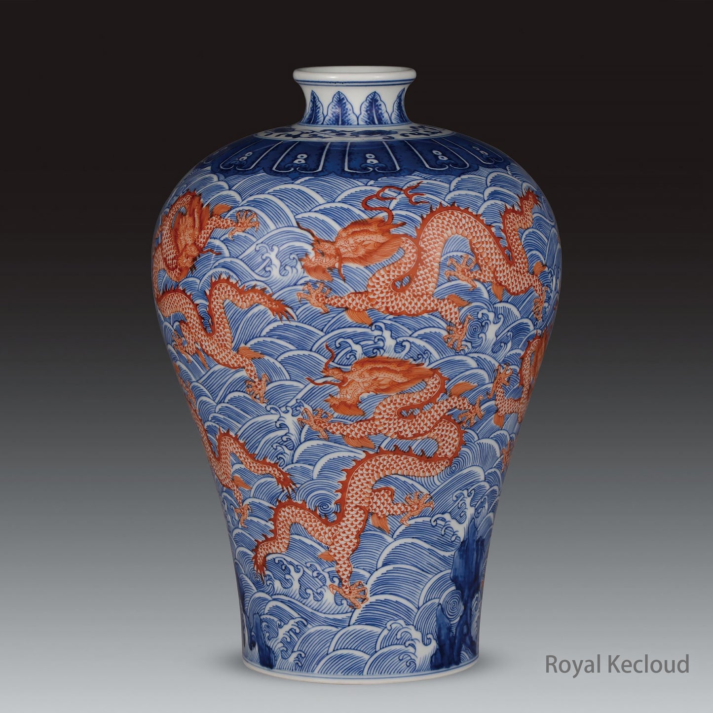 Chinese Blue and White Iron-red 'Dragons amid Waves' Porcelain Vase, Meiping. Emperor Ceramic Antique.