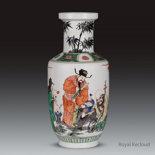 Chinese Porcelain Qing Kangxi Wucai 'Fu Lu Shou Star' Rouleau Vase