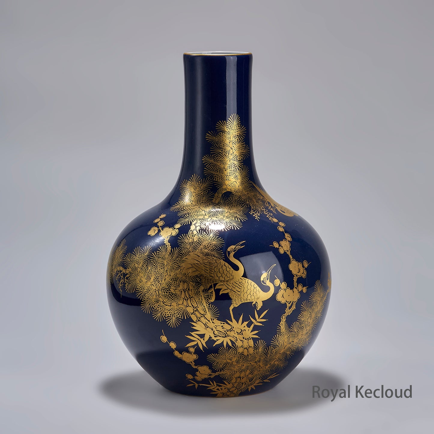 Chinese Qing Dynasty Blue-glazed Vase with Gold Gilted 'Cranes, Plum Blossom, Bamboo and Pine', TianQiuPing