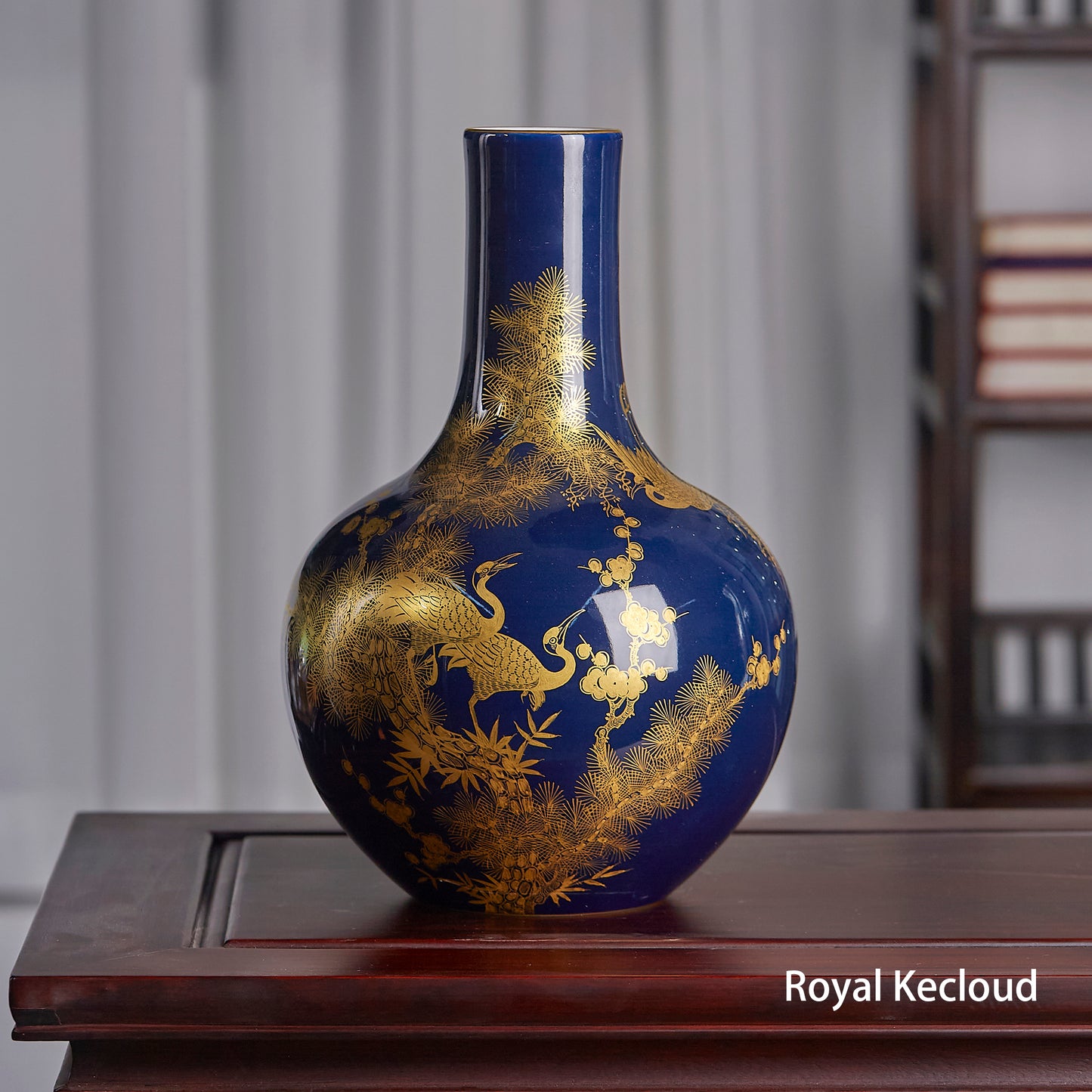 Chinese Qing Dynasty Blue-glazed Vase with Gold Gilted 'Cranes, Plum Blossom, Bamboo and Pine', TianQiuPing