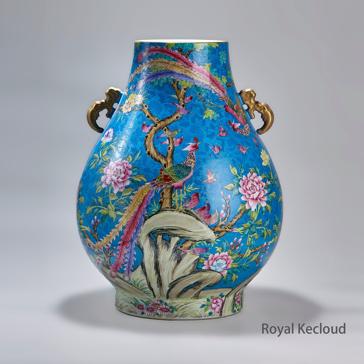 Chinese Qing Dynasty Blue-ground 'Birds Saluting the Phoenix (Bai Niao Chao Feng)' Porcelain Vase