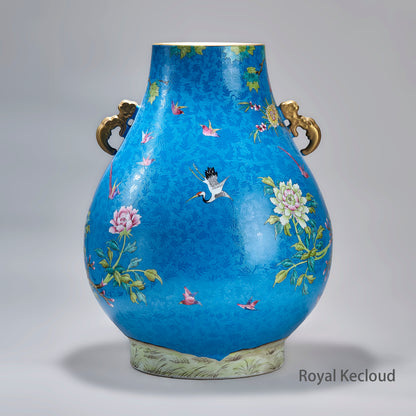 Chinese Qing Dynasty Blue-ground 'Birds Saluting the Phoenix (Bai Niao Chao Feng)' Porcelain Vase