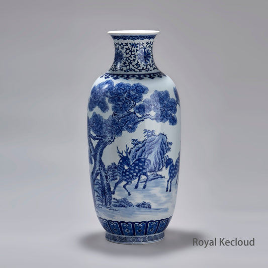 Chinese Qing Dynasty Blue and White 'Deer and Pine' Porcelain Vase