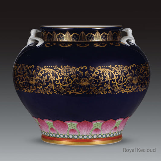 Indigo Glazed Porcelain Zun (vessel) with Swallows and Gold-painted Design