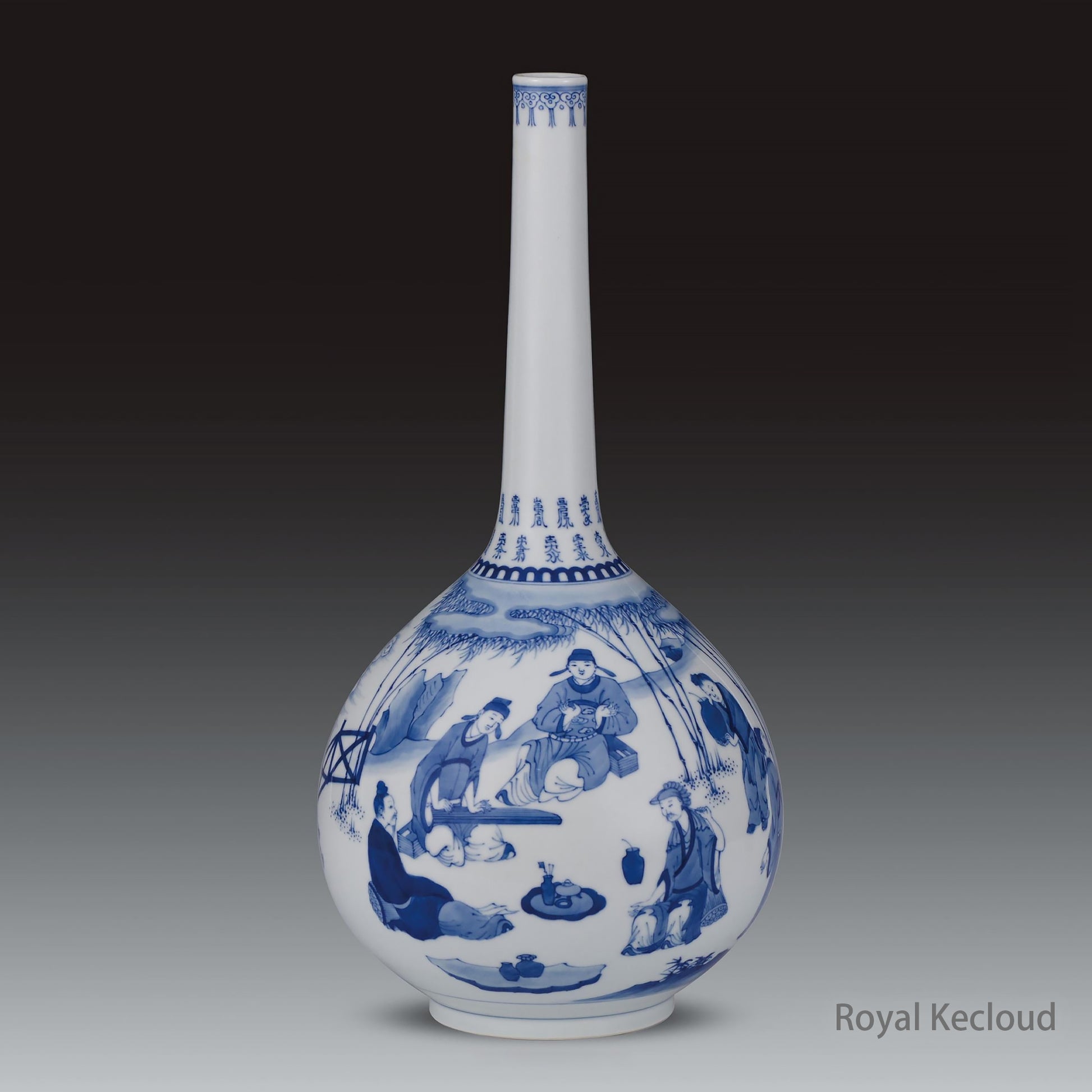 Qing Dynasty Blue and White 'Seven Scholars Scene' Porcelain Vase