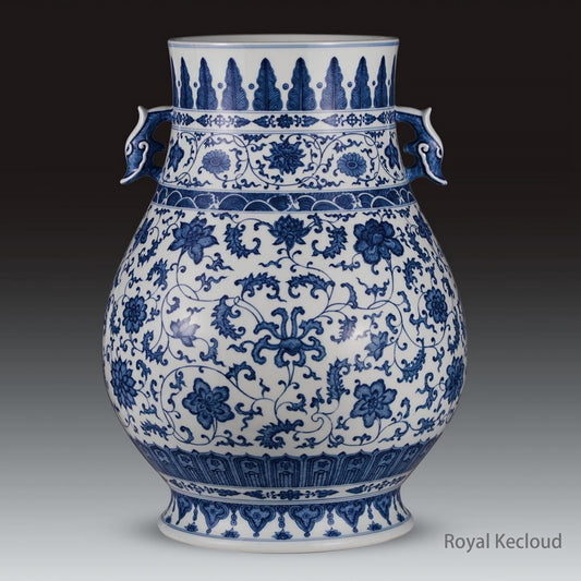 Qing Dynasty Qianlong Blue and White 'Twined Lotus' Double Ear Zun