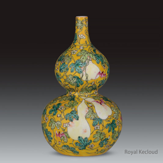 Qing Yongzheng  Famille Rose Yellow-ground Double-gourd Vase