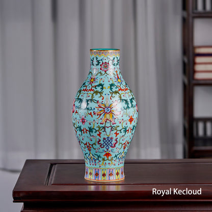 Royal Qianlong Turquoise Ground Twined Floral Porcelain Vase