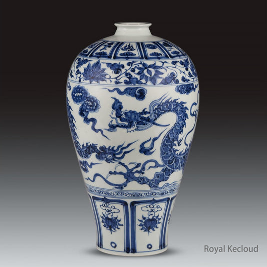 Chinese Ancient Royal Yuan Blue And White 'Dragon' Plum Vase, Meiping