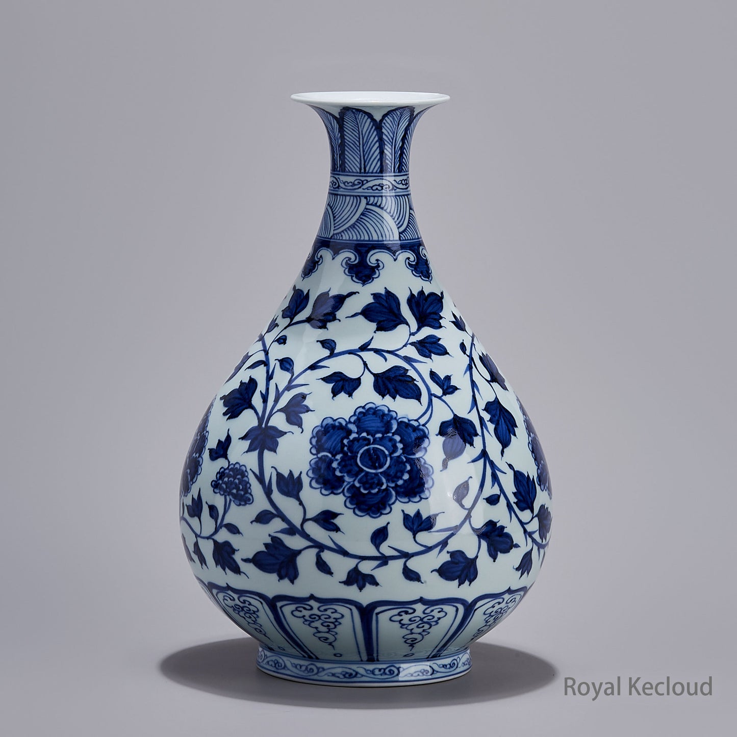 Jingdezhen Handmade Blue-and-white ‘Peony Scroll' Porcelain Pear-Shaped Vase