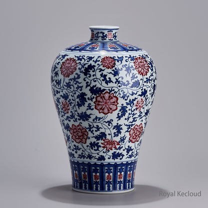Blue-and-white Prunus Vase with Interlocking Lotus Design in Underglazed Red