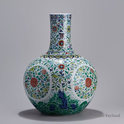 DouCai Globular Vase with Interlocking Flowers Design, Jingdezhen Handmade Porcelain Vase
