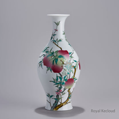 Jingdezhen Handmade Famille-rose Olive Vase with Eight Peaches, GanLanPing