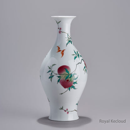 Jingdezhen Handmade Famille-rose Olive Vase with Eight Peaches, GanLanPing