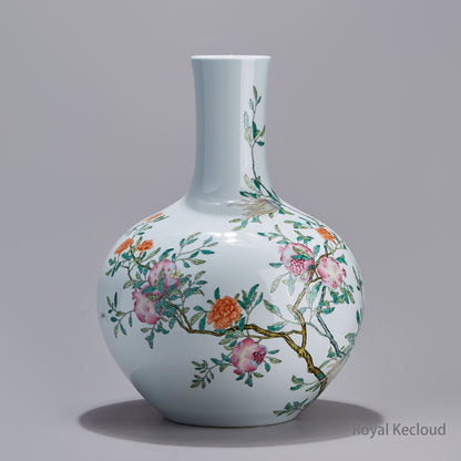 Famille-rose 'SanDuo' Porcelain Globular Vase with Fruits and Flowers